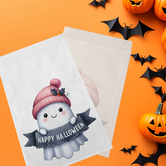 10-pack Halloween-godispåsar – Rosa Spöke Skylt - Bus eller godis – A6 platta pappersgodispåsar – GB326