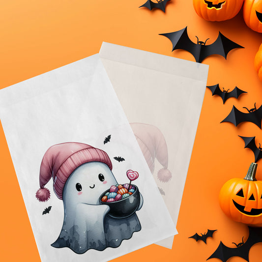 10-pack Halloween-godispåsar – Rosa Spöke Godisskål - Bus eller godis – A6 platta pappersgodispåsar – GB327