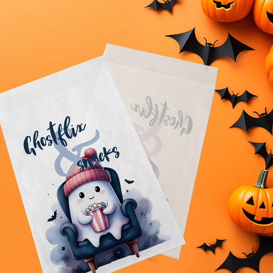 10-pack Halloween-godispåsar – Rosa Spöke Popcorn - Bus eller godis – A6 platta pappersgodispåsar – GB328