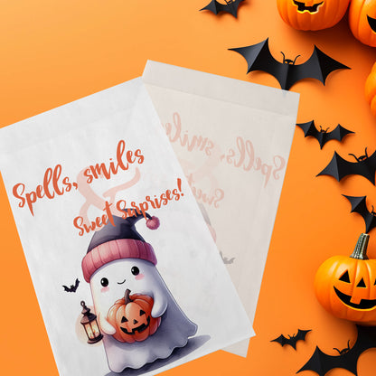 10-pack Halloween-godispåsar – Rosa Spöke Pumpkin - Bus eller godis – A6 platta pappersgodispåsar – GB329