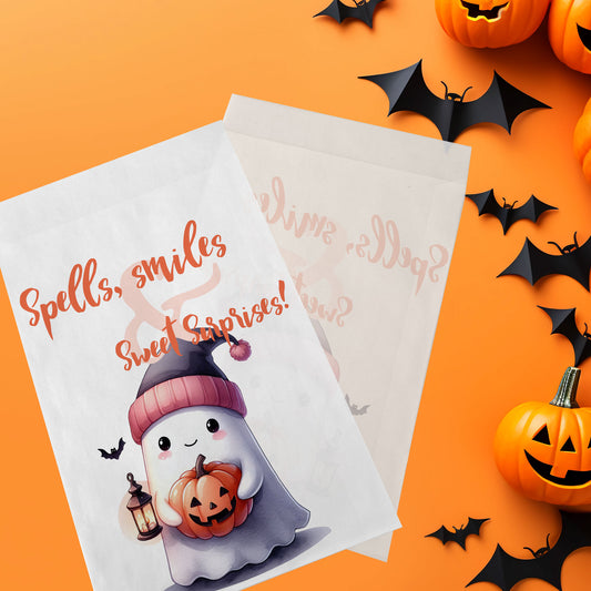 10-pack Halloween-godispåsar – Rosa Spöke Pumpkin - Bus eller godis – A6 platta pappersgodispåsar – GB329