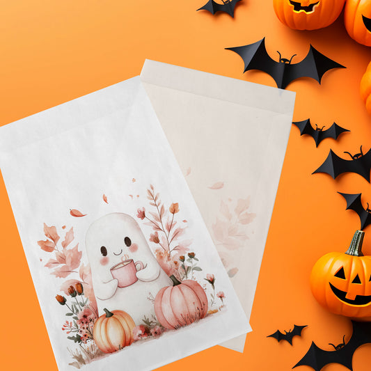 10-pack Halloween-godispåsar – Rosa Spöke Pumpor - Bus eller godis – A6 platta pappersgodispåsar – GB330