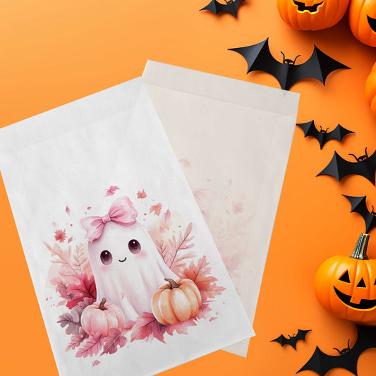 10-pack Halloween-godispåsar – Rosa Spöke bland Pumpor - Bus eller godis – A6 platta pappersgodispåsar – GB331