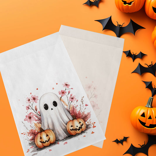 10-pack Halloween-godispåsar – Rosa Spöke med pumpor - Bus eller godis – A6 platta pappersgodispåsar – GB333