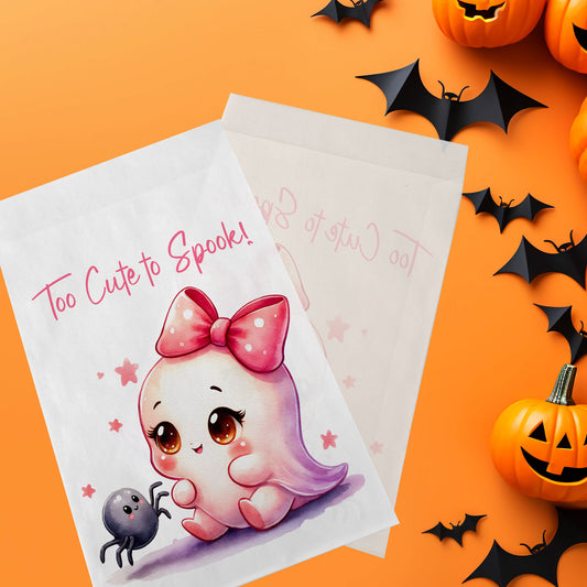 10-pack Halloween-godispåsar – Rosa Spöke med Spindel - Bus eller godis – A6 platta pappersgodispåsar – GB334
