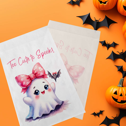 10-pack Halloween-godispåsar – Rosa Spöke med Fladdermus - Bus eller godis – A6 platta pappersgodispåsar – GB335