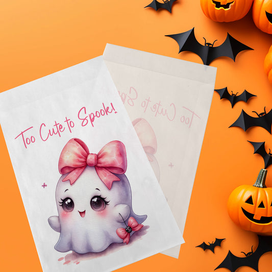 10-pack Halloween-godispåsar – Rosa Spöke - Bus eller godis – A6 platta pappersgodispåsar – GB336