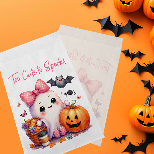 10-pack Halloween-godispåsar – Rosa Spöke - Bus eller godis – A6 platta pappersgodispåsar – GB337