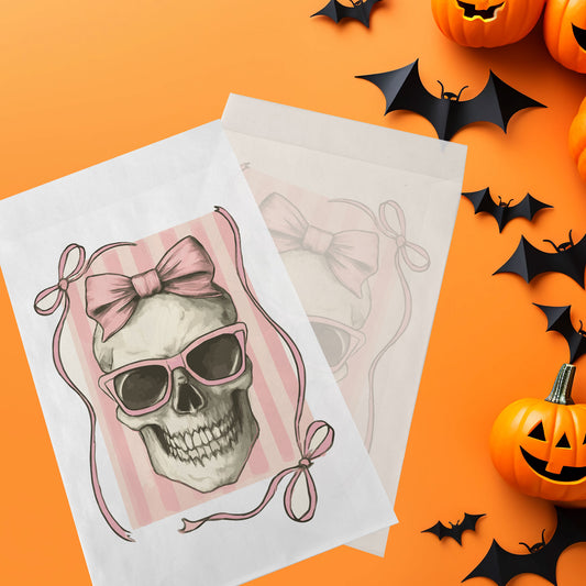 10-pack Halloween-godispåsar – Rosa Dödskalle - Bus eller godis – A6 platta pappersgodispåsar – GB339