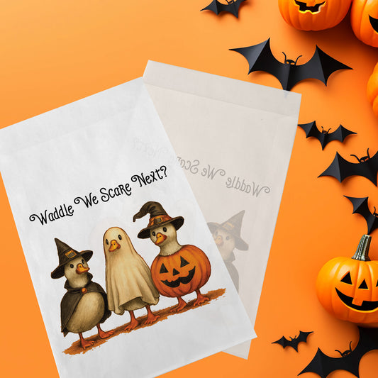 10-pack Halloween-godispåsar – Läskiga Ankor - Bus eller godis – A6 platta pappersgodispåsar – GB340