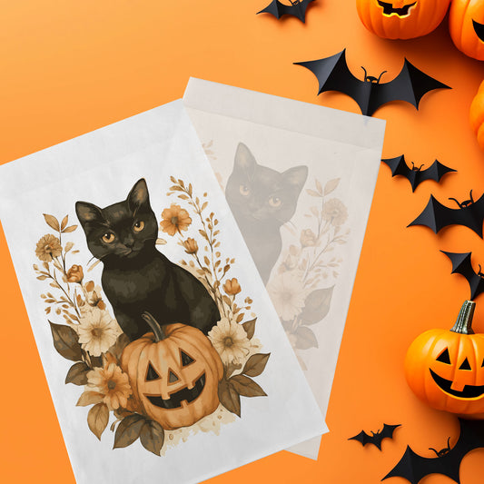 10-pack Halloween-godispåsar – Svart Katt - Bus eller godis – A6 platta pappersgodispåsar – GB341