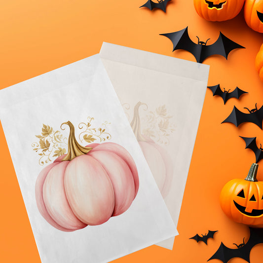10-pack Halloween-godispåsar – Rosa Pumpa - Bus eller godis – A6 platta pappersgodispåsar – GB342
