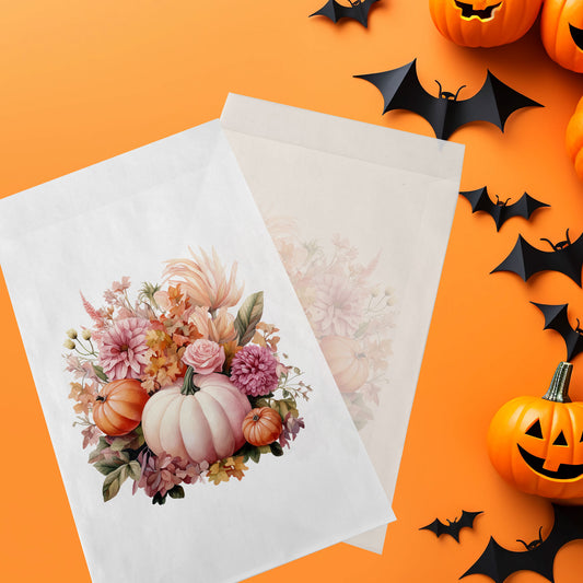 10-pack Halloween-godispåsar – Vit Pumpa Blommor - Bus eller godis – A6 platta pappersgodispåsar – GB343