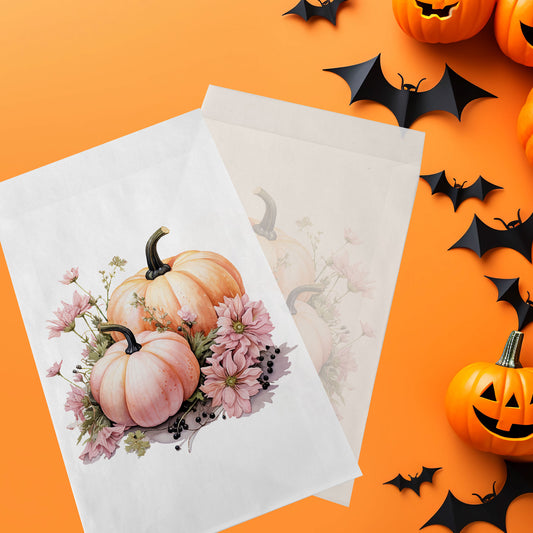 10-pack Halloween-godispåsar – Höstpumpor med Blommor - Bus eller godis – A6 platta pappersgodispåsar – GB344