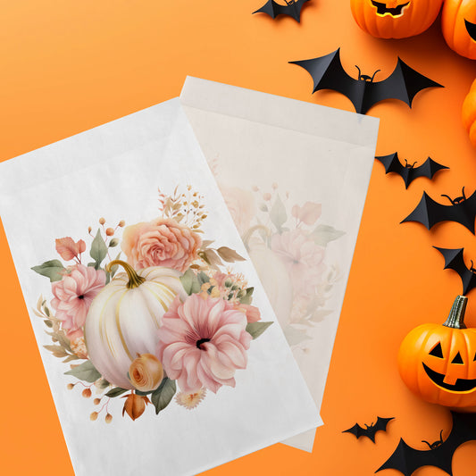 10-pack Halloween-godispåsar – Vit Pumpa med Blommor - Bus eller godis – A6 platta pappersgodispåsar – GB345