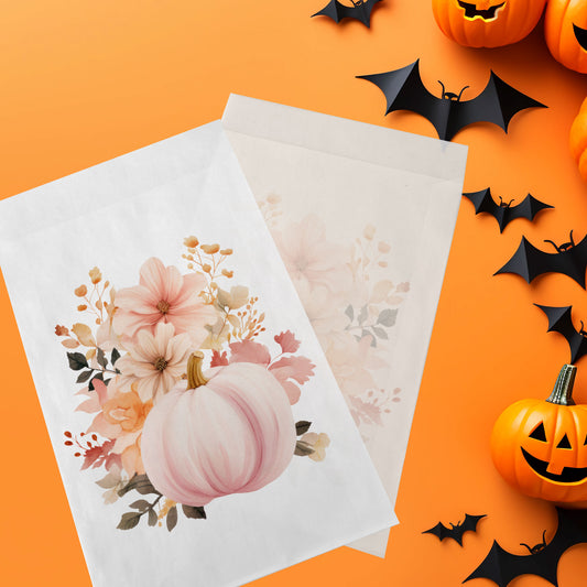 10-pack Halloween-godispåsar – Rosa Pumpa med Blommor - Bus eller godis – A6 platta pappersgodispåsar – GB346