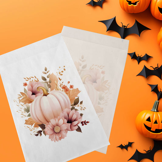 10-pack Halloween-godispåsar – Rosa Pumpa med Blommor - Bus eller godis – A6 platta pappersgodispåsar – GB347