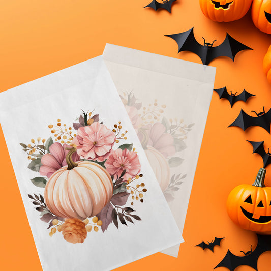 10-pack Halloween-godispåsar – Vit Pumpa med Blommor - Bus eller godis – A6 platta pappersgodispåsar – GB348