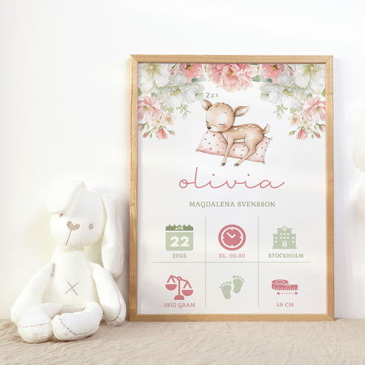 Personalized Birth Stats Print Sleeping Fawn – Pink Nursery Wall Art & Baby Gift | Printed Poster in Multiple Sizes