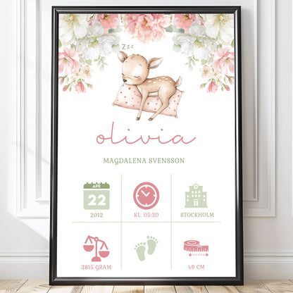 Personalized Birth Stats Print Sleeping Fawn – Pink Nursery Wall Art & Baby Gift | Printed Poster in Multiple Sizes