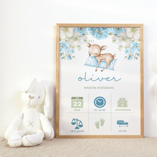 Personalized Birth Stats Print Sleeping Fawn – Blue Nursery Wall Art & Baby Gift | Printed Poster in Multiple Sizes