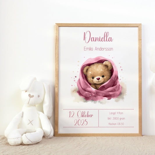 Personalized Birth Stats Print Cute Teddy Bear – Pink Nursery Wall Art & Baby Gift | Printed Poster in Multiple Sizes