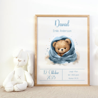 Personalized Birth Stats Print Cute Teddy Bear – Blue Nursery Wall Art & Baby Gift | Printed Poster in Multiple Sizes