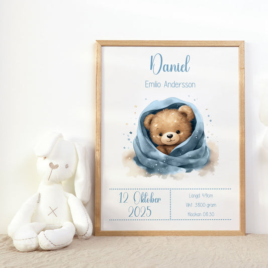 Personalized Birth Stats Print Cute Teddy Bear – Blue Nursery Wall Art & Baby Gift | Printed Poster in Multiple Sizes