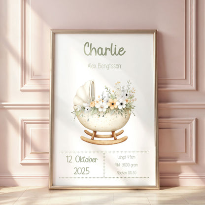 Personalized Birth Stats Print Boho Cradle – Gender Neautral Nursery Wall Art & Baby Gift | Printed Poster in Multiple Sizes