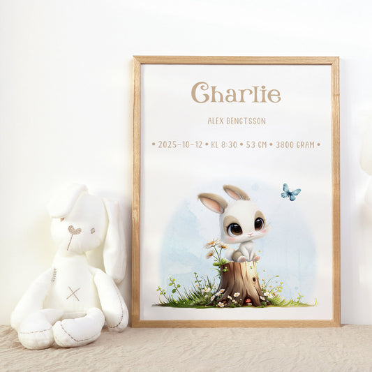 Personalized Birth Stats Print Woodland Bunny – Gender Neautral Nursery Wall Art & Baby Gift | Printed Poster in Multiple Sizes