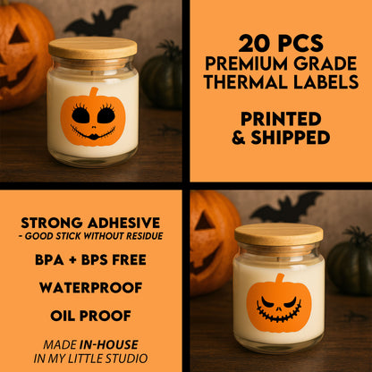 20-pack Halloween Pumpor m ansikten – Vattentäta Premium Termiska Etiketter – Halloweendekoration – TS347