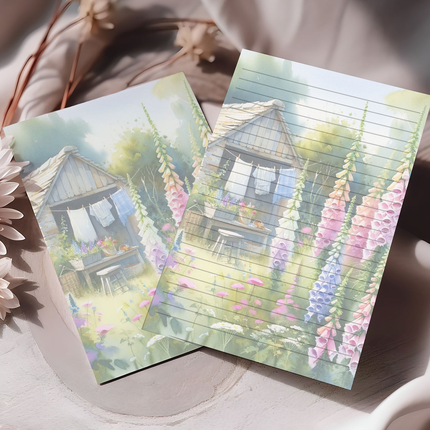 10-pack Brevpapper - Sommarstuga med rosa fingerborgsblommor - Tryckt A5 Papper - WP501