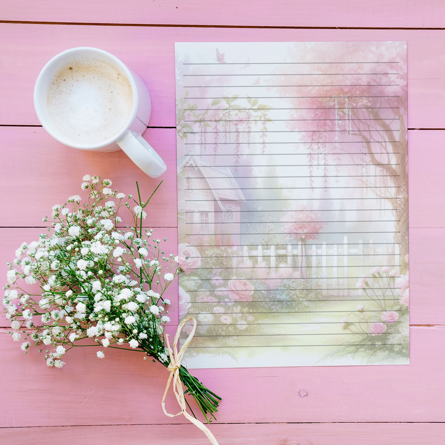 10-pack Writing Paper - Pink Spring Garden - Printed A5 Stationery - WP505