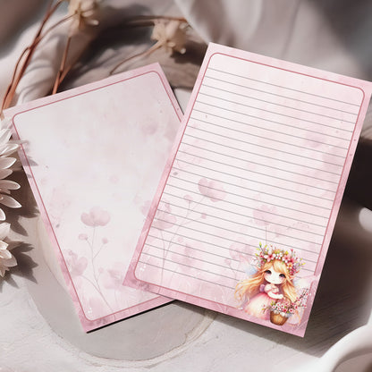 10-pack Brevpapper - Fé med Rosa Vårblommor - Tryckt A5 Papper - WP509