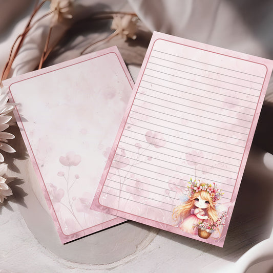 10-pack Brevpapper - Fé med Rosa Vårblommor - Tryckt A5 Papper - WP509