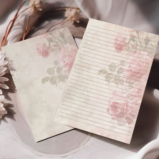10-pack Brevpapper - Rosa & Beige - Blommor - Tryckt A5 Papper - WP513