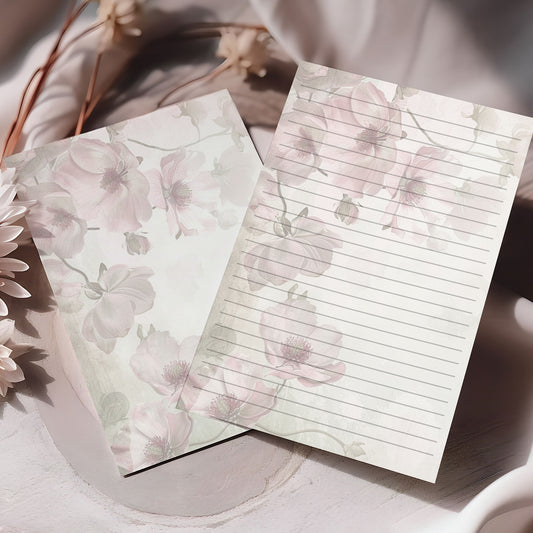 10-pack Brevpapper - Rosa & Beige - Blommor - Tryckt A5 Papper - WP515