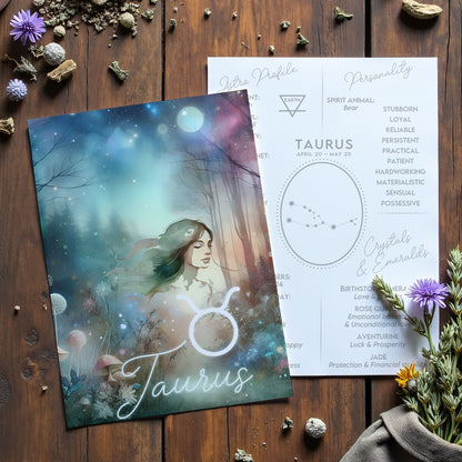 Taurus – Zodiac Sign Card with Constellation & Crystals – A6 Astrology Art Print for Journaling or Gift – ZC421
