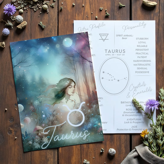 Taurus – Zodiac Sign Card with Constellation & Crystals – A6 Astrology Art Print for Journaling or Gift – ZC421
