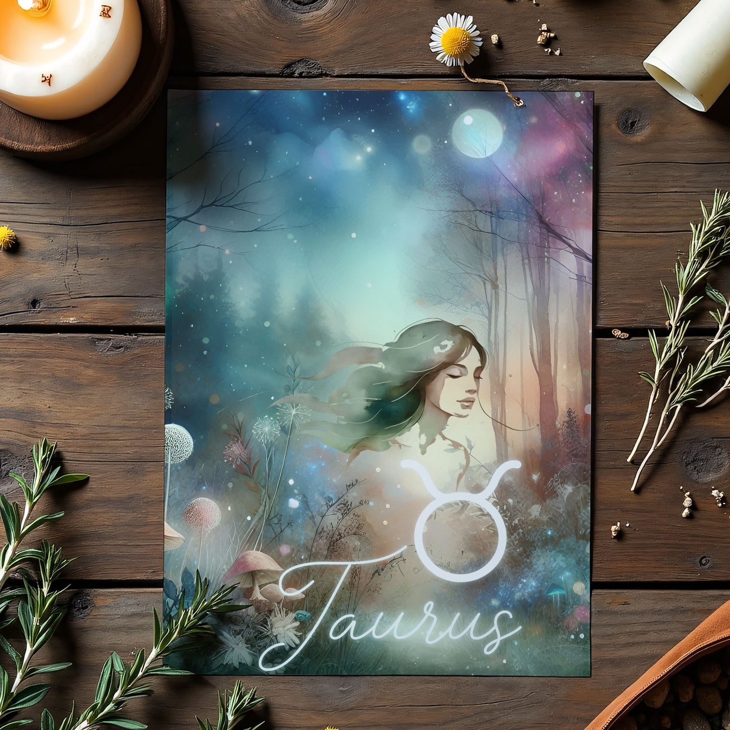 Taurus – Zodiac Sign Card with Constellation & Crystals – A6 Astrology Art Print for Journaling or Gift – ZC421