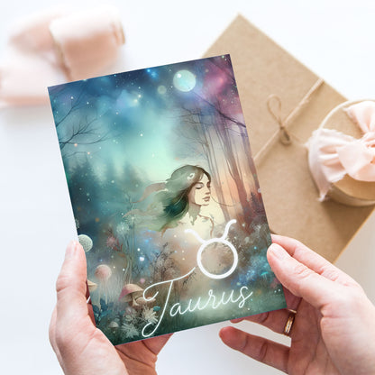Taurus – Zodiac Sign Card with Constellation & Crystals – A6 Astrology Art Print for Journaling or Gift – ZC421