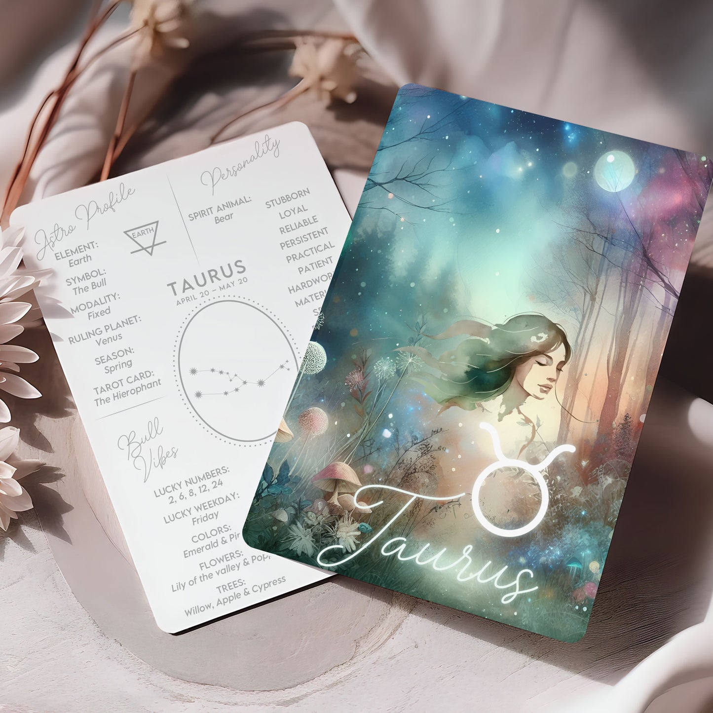 Taurus – Zodiac Sign Card with Constellation & Crystals – A6 Astrology Art Print for Journaling or Gift – ZC421