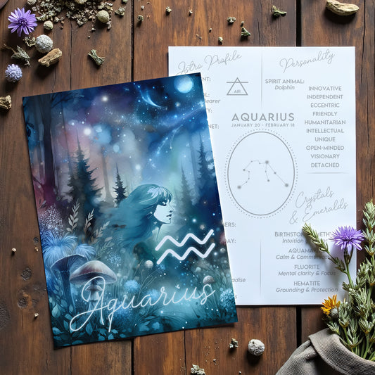 Aquarius – Zodiac Sign Card with Constellation & Crystals – A6 Astrology Art Print for Journaling or Gift – ZC422