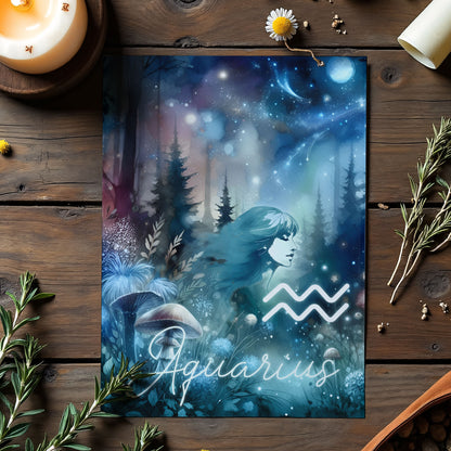 Aquarius – Zodiac Sign Card with Constellation & Crystals – A6 Astrology Art Print for Journaling or Gift – ZC422