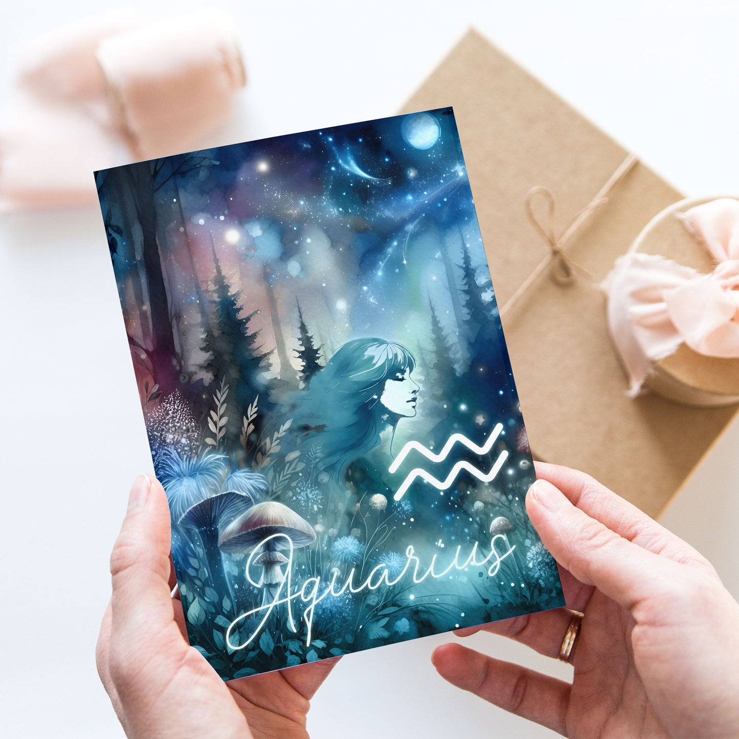 Aquarius – Zodiac Sign Card with Constellation & Crystals – A6 Astrology Art Print for Journaling or Gift – ZC422