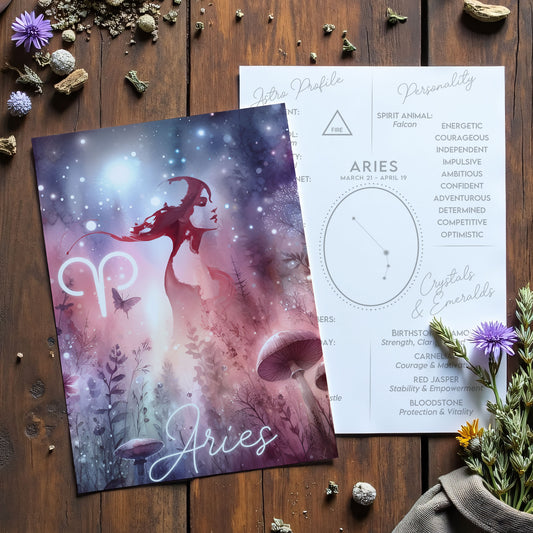 Aries – Zodiac Sign Card with Constellation & Crystals – A6 Astrology Art Print for Journaling or Gift – ZC423