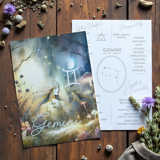 Gemini – Zodiac Sign Card with Constellation & Crystals – A6 Astrology Art Print for Journaling or Gift – ZC425