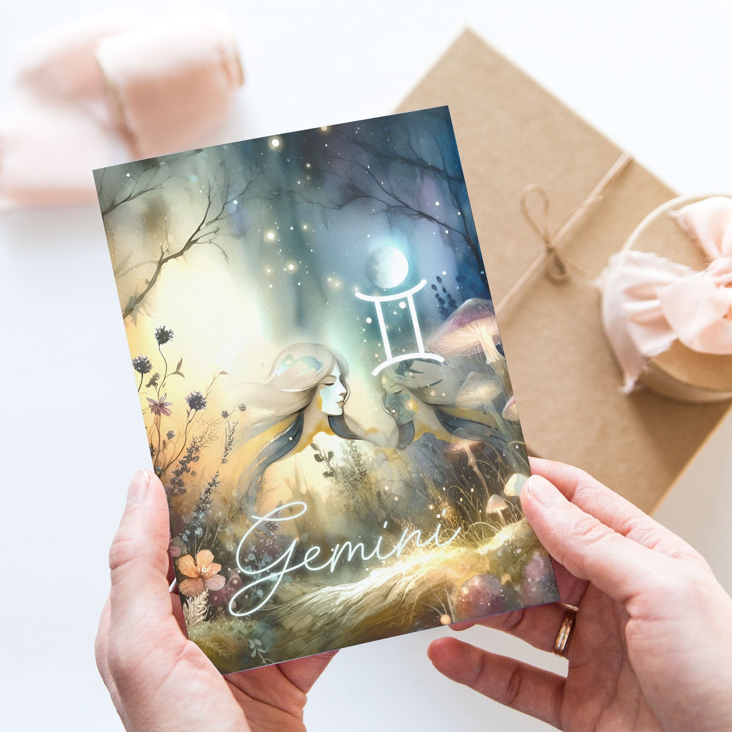 Gemini – Zodiac Sign Card with Constellation & Crystals – A6 Astrology Art Print for Journaling or Gift – ZC425