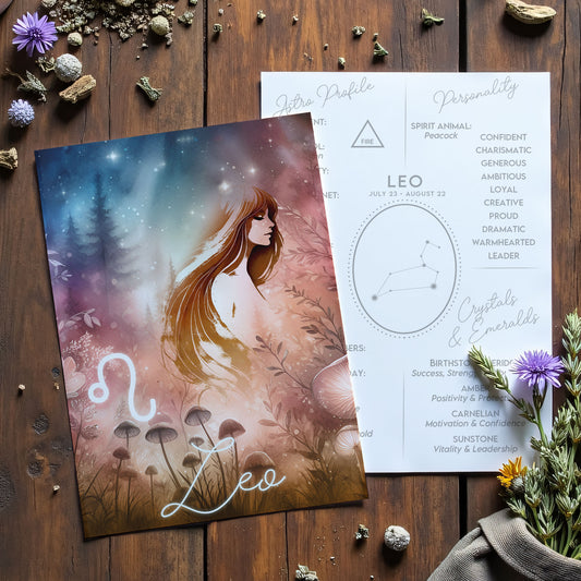 Leo – Zodiac Sign Card with Constellation & Crystals – A6 Astrology Art Print for Journaling or Gift – ZC426