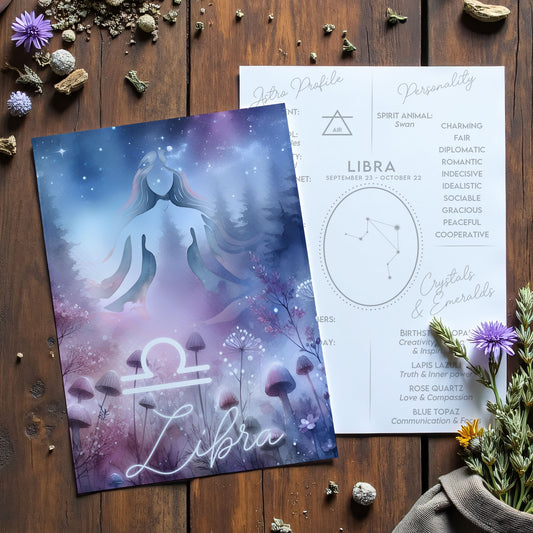 Libra – Zodiac Sign Card with Constellation & Crystals – A6 Astrology Art Print for Journaling or Gift – ZC427